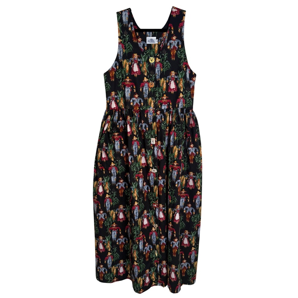 Dogwood Lane Vintage Scarecrow Harvest Novelty Print Jumper Dress XS Cotton